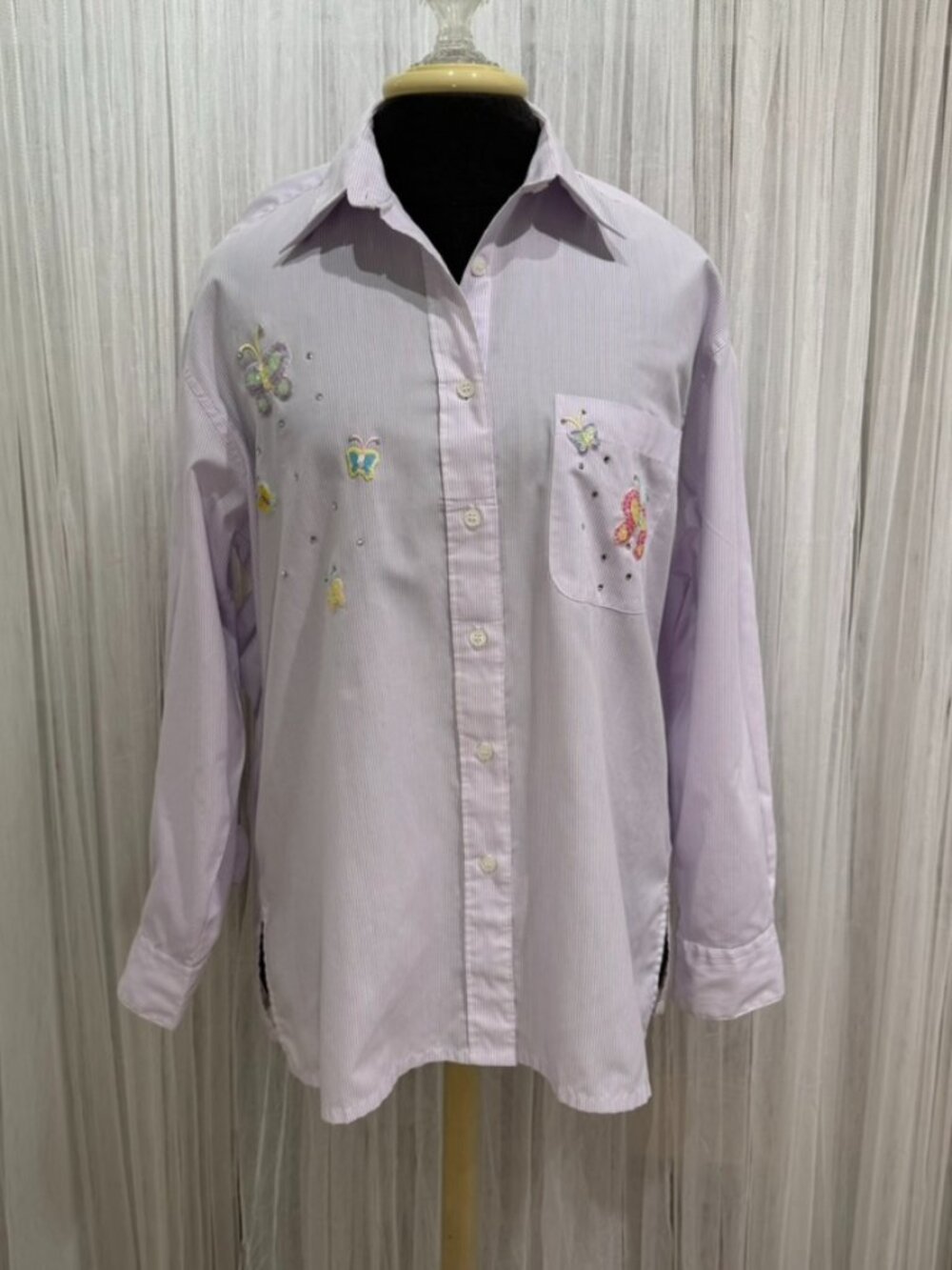 Mili Designs Purple Striped Button Up Shirt Applique Butterflies Size M Grandma
